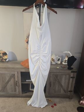 SHEIN White Backless Cowl Ruched Halter Maxi Dress